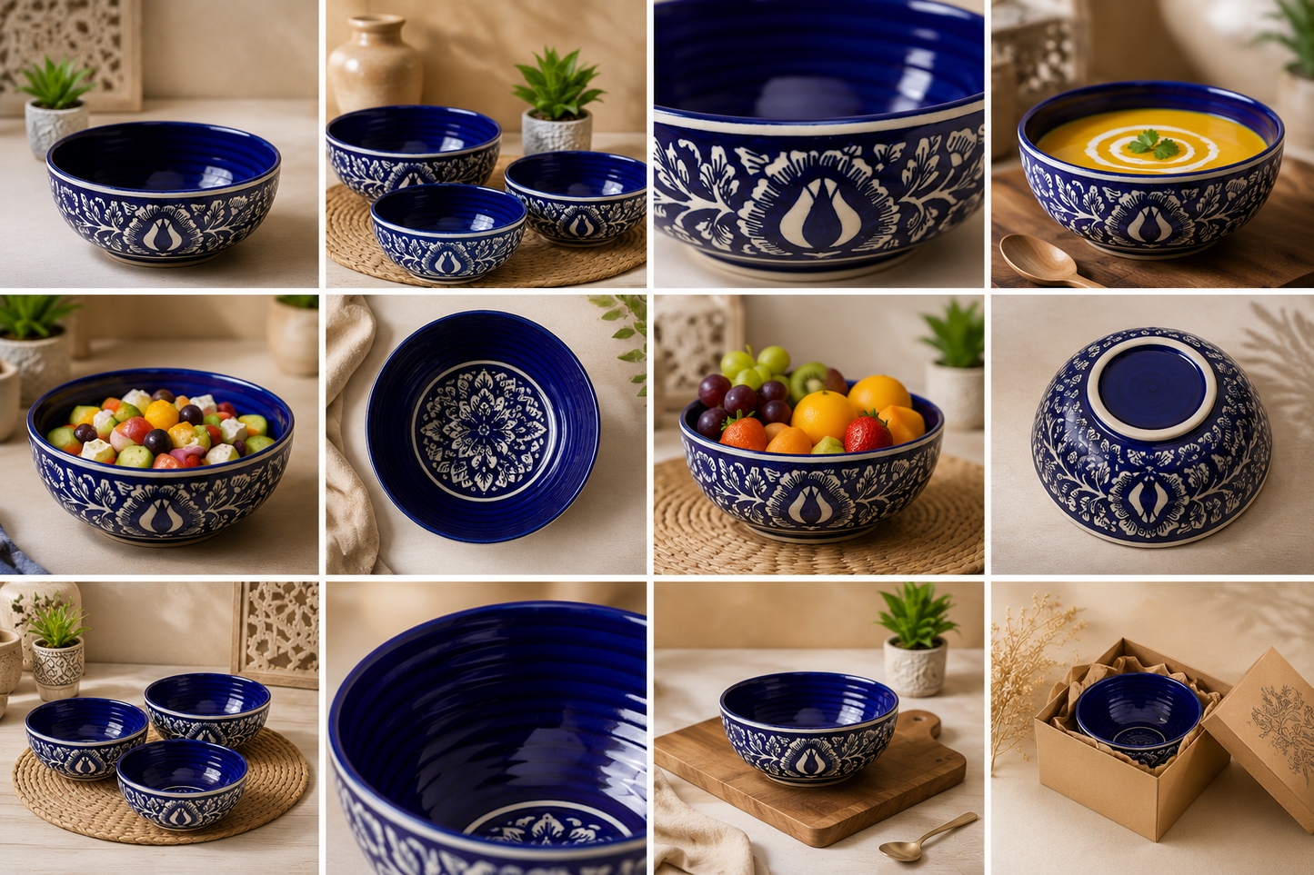 Caffeine Ceramic Handmade Blue Mughal Serving Bowl 6.5" (set of 1) small