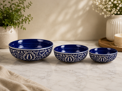 Caffeine Ceramic Handmade Blue Mughal Serving Bowl 6.5" (set of 1) small