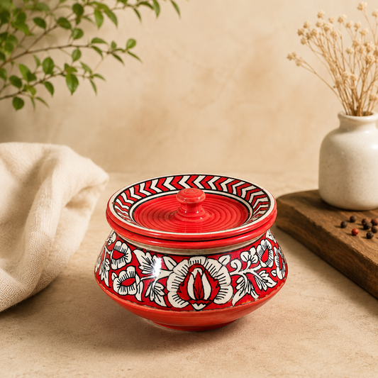 Caffeine Ceramic Stoneware Handmade Red Mughal Serving Handi with Lid -Set of 4