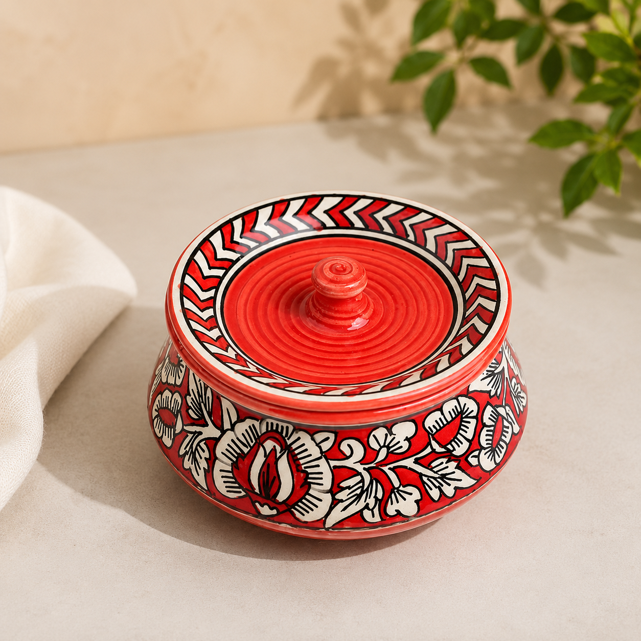 Caffeine Ceramic Stoneware Handmade Red Mughal Serving Handi with Lid -Set of 4