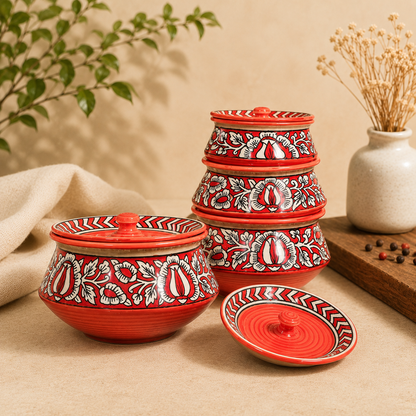 Caffeine Ceramic Stoneware Handmade Red Mughal Serving Handi with Lid -Set of 4