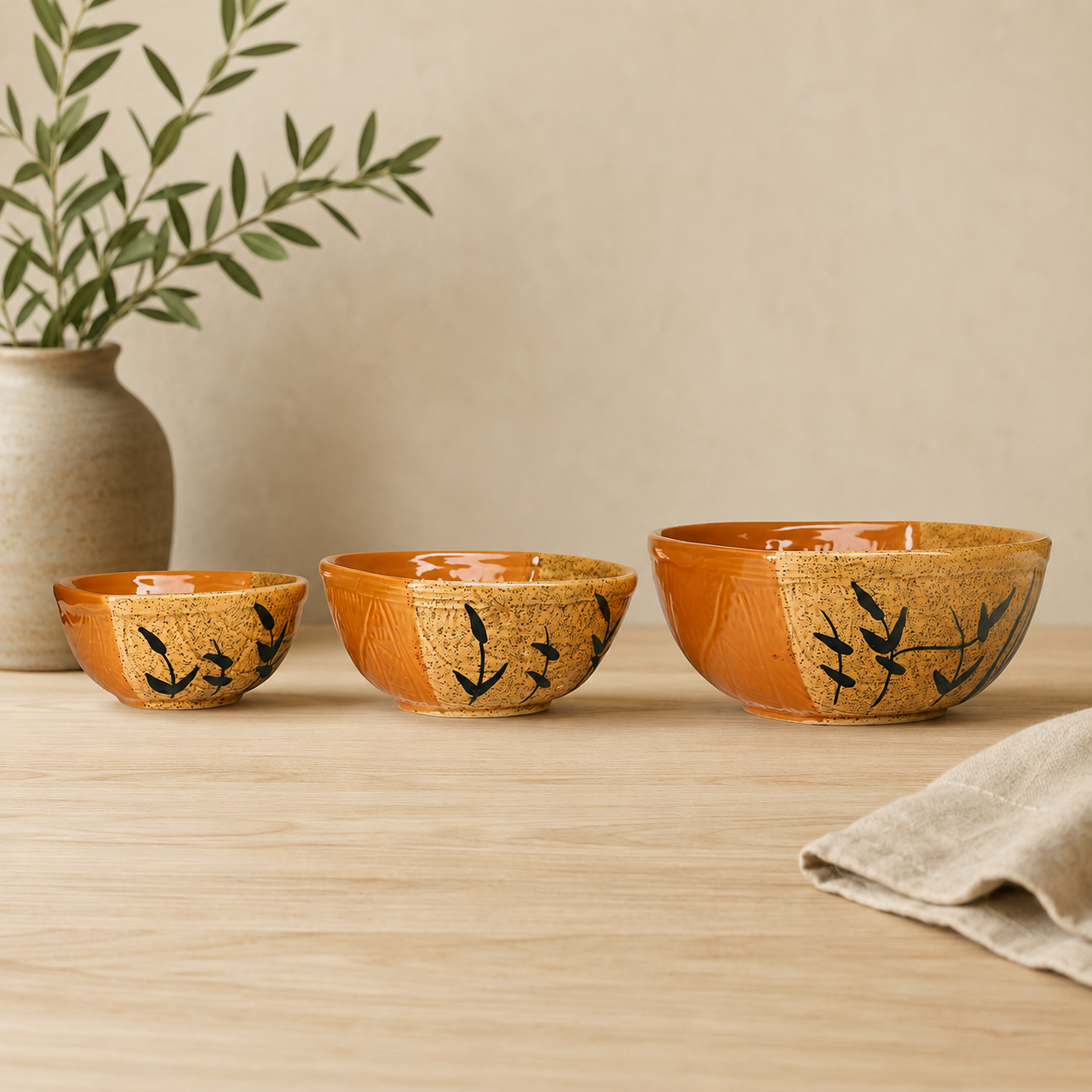 Caffeine Ceramic Handmade Brown and Mustard Leaf Serving Bowl (Set of 3)