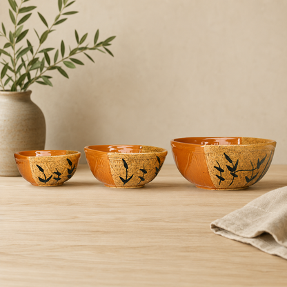 Caffeine Ceramic Handmade Brown and Mustard Leaf Serving Bowl (Set of 3)