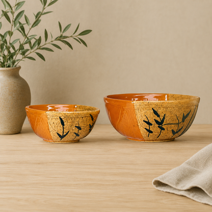 Caffeine Ceramic Handmade Brown and Mustard Leaf Serving Bowl (Set of 3)