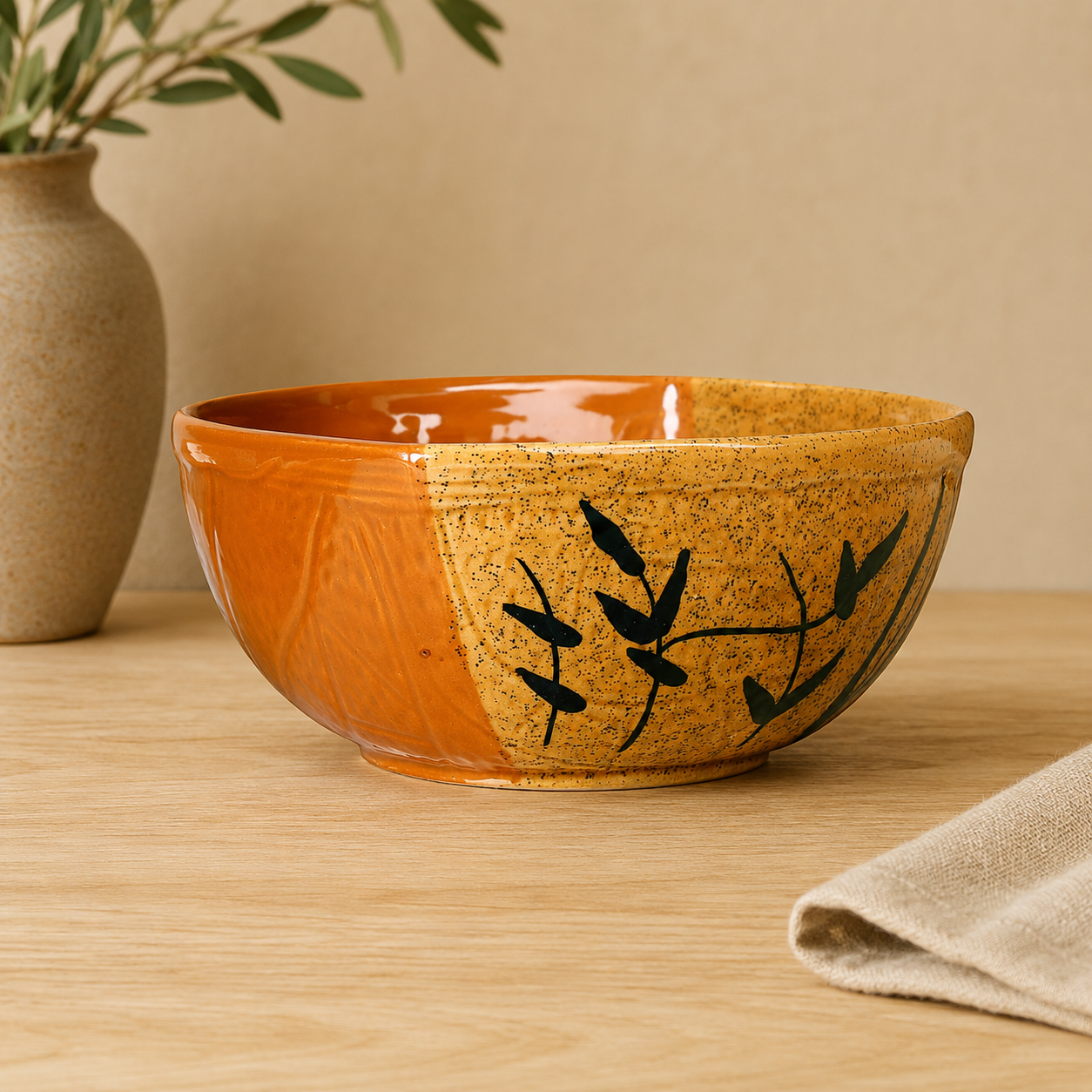Caffeine Ceramic Handmade Brown and Mustard Leaf Serving Bowl (Set of 3)