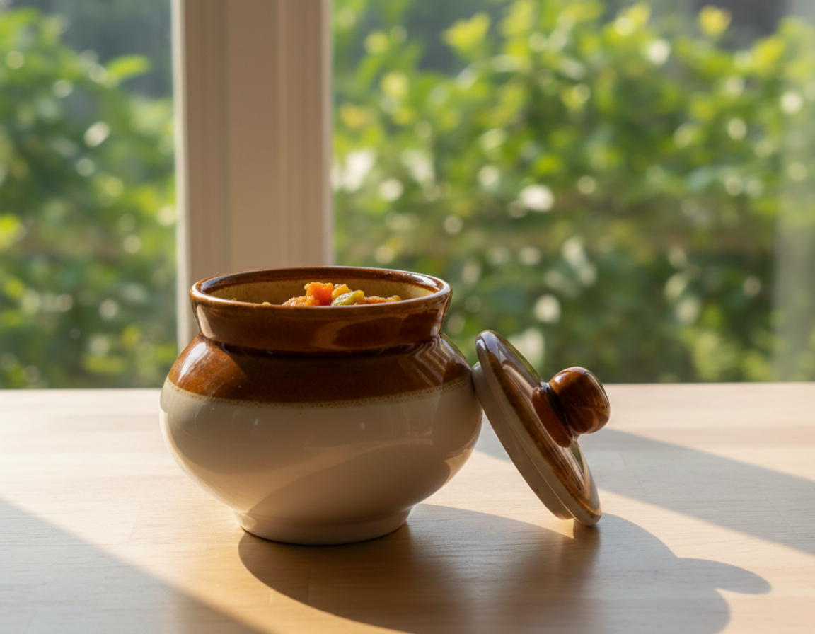 Ceramic pot with food on a wooden surface with a blurred green outdoor background