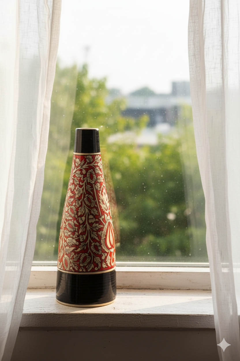 Decorative vase with black, red, and white pattern on a windowsill with a view of greenery outside.