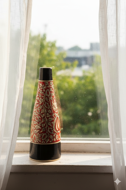 Decorative vase with black, red, and white pattern on a windowsill with a view of greenery outside.
