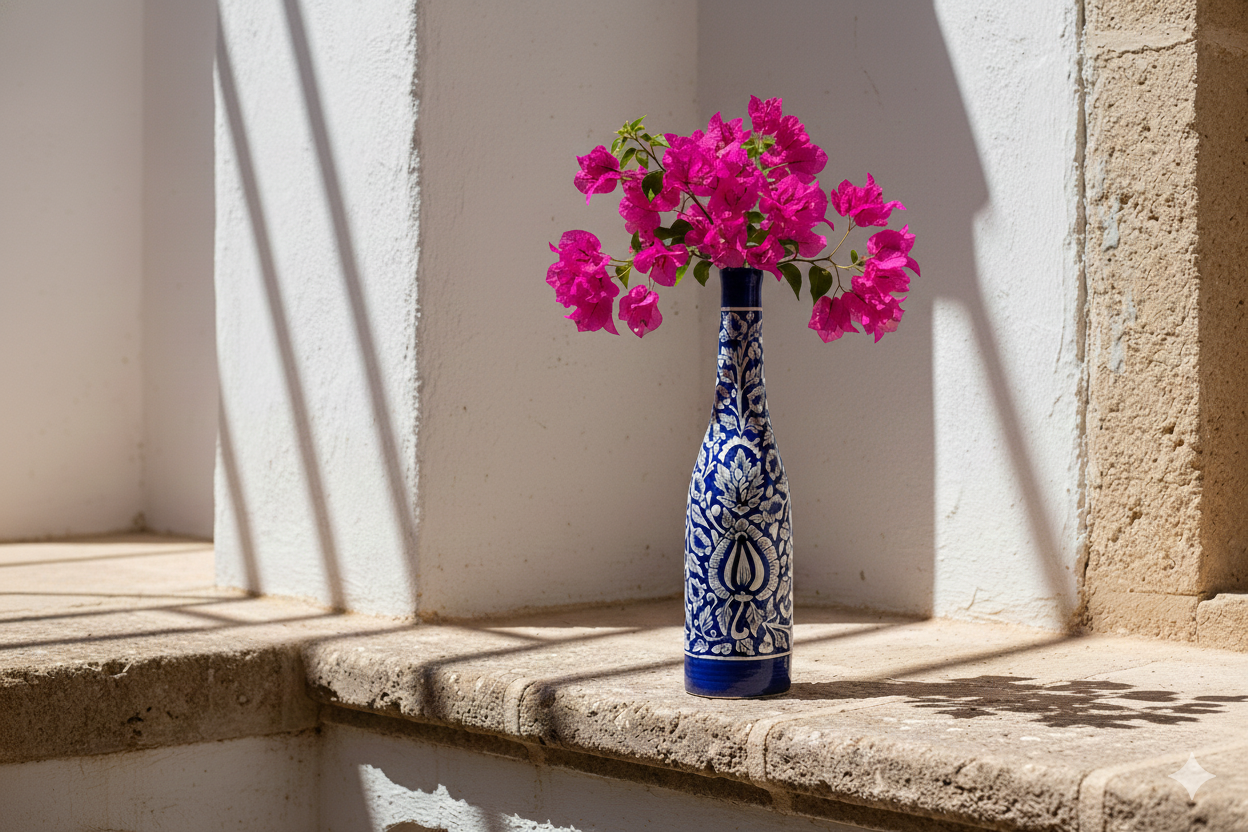 Decorative bottle with pink flowers on a stone ledge