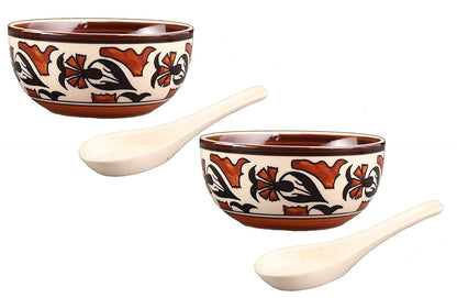 Caffeine Ceramic Handmade Brown and White Flower Print Soup Bowl with spoon set of 6 - Caffeine Premium Stoneware