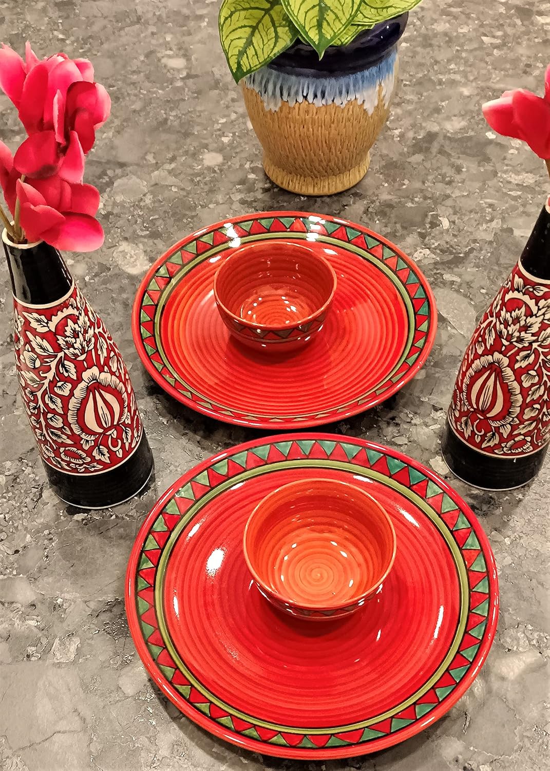 Caffeine Ceramic Handmade Red & Green Tribal Combo Dinner Set (4 pcs)