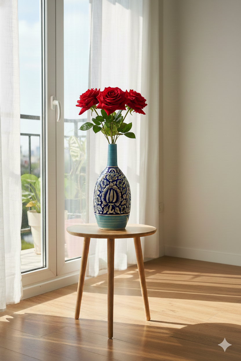 Vase with red flowers on a wooden table by a window