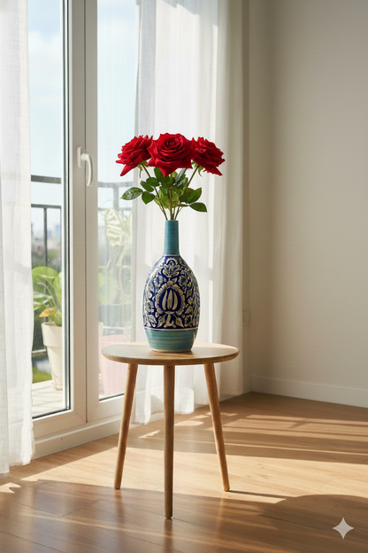 Vase with red flowers on a wooden table by a window