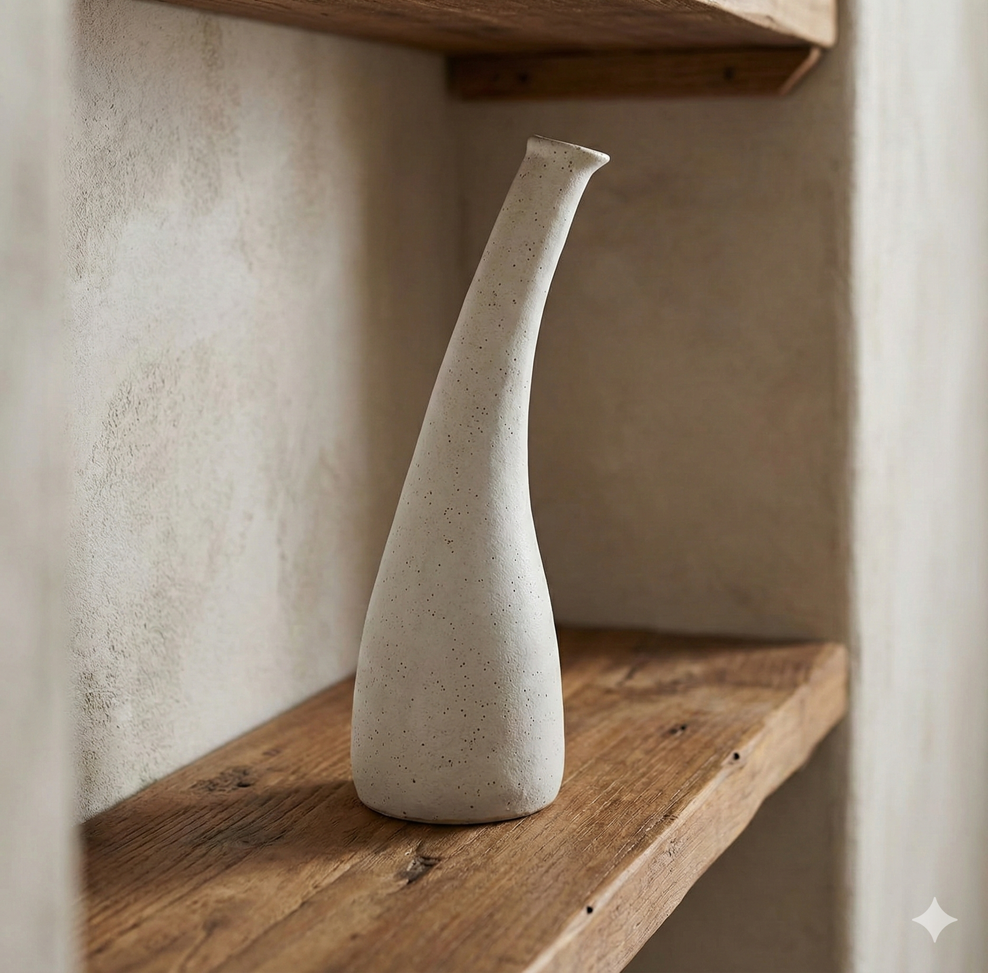 White ceramic vase on a wooden shelf against a neutral wall