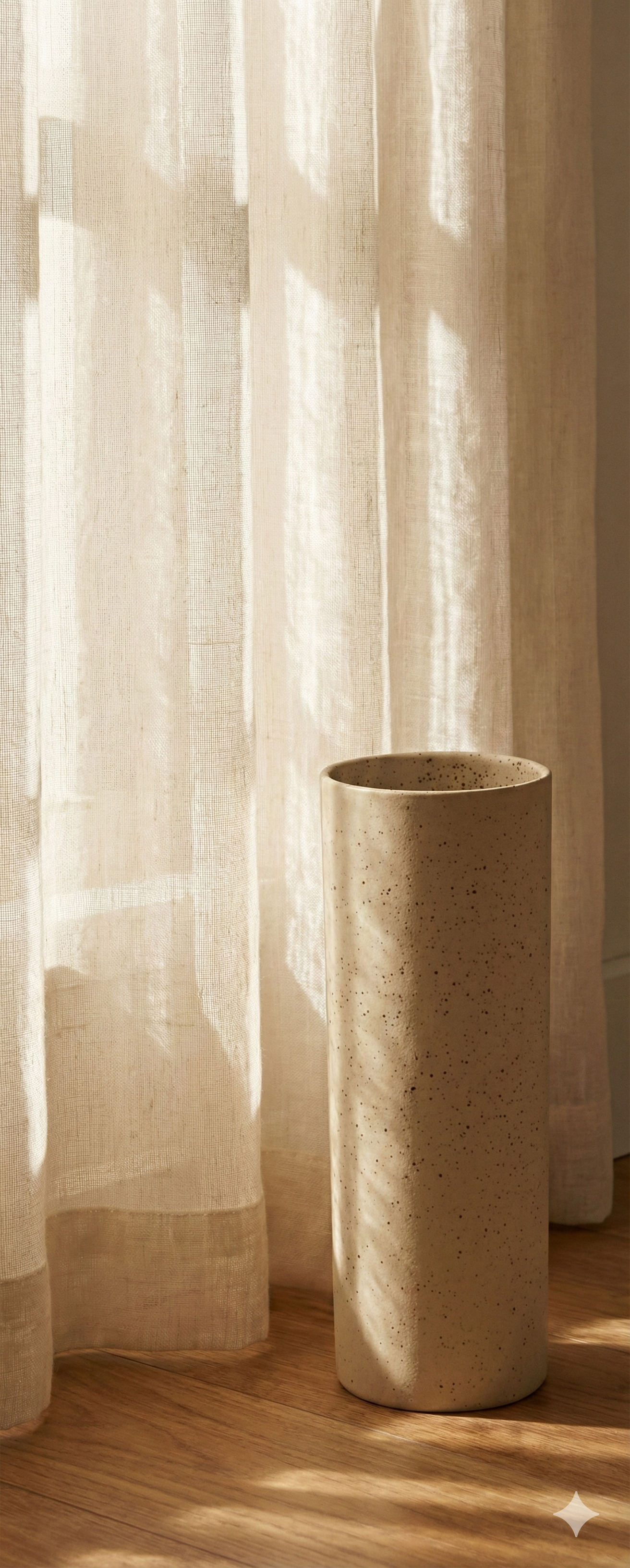 Beige cylindrical vase against a light curtain background