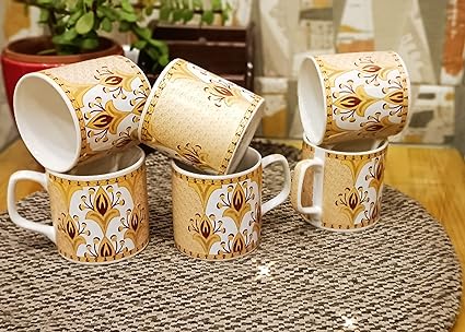Caffeine Ceramic Handmade Yellow Gold Pattern Tea Cup Set (Set of 6) - Caffeine Premium Stoneware