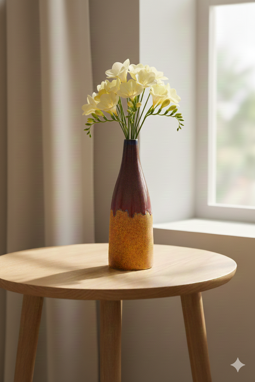 Vase with flowers on a wooden table in a bright room