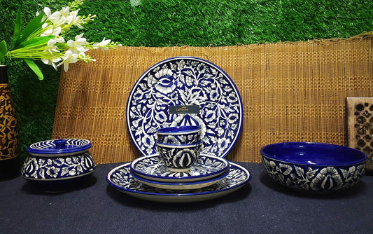 Caffeine Ceramic Handmade Blue Mughal Combo Dinner Set (8 pcs.) - Caffeine Premium Ceramic 