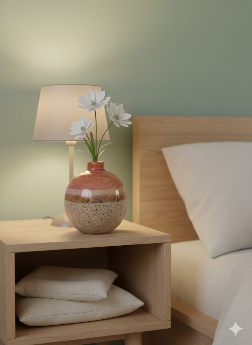 Nighstand with lamp and decorative vase featuring flowers on a bed.