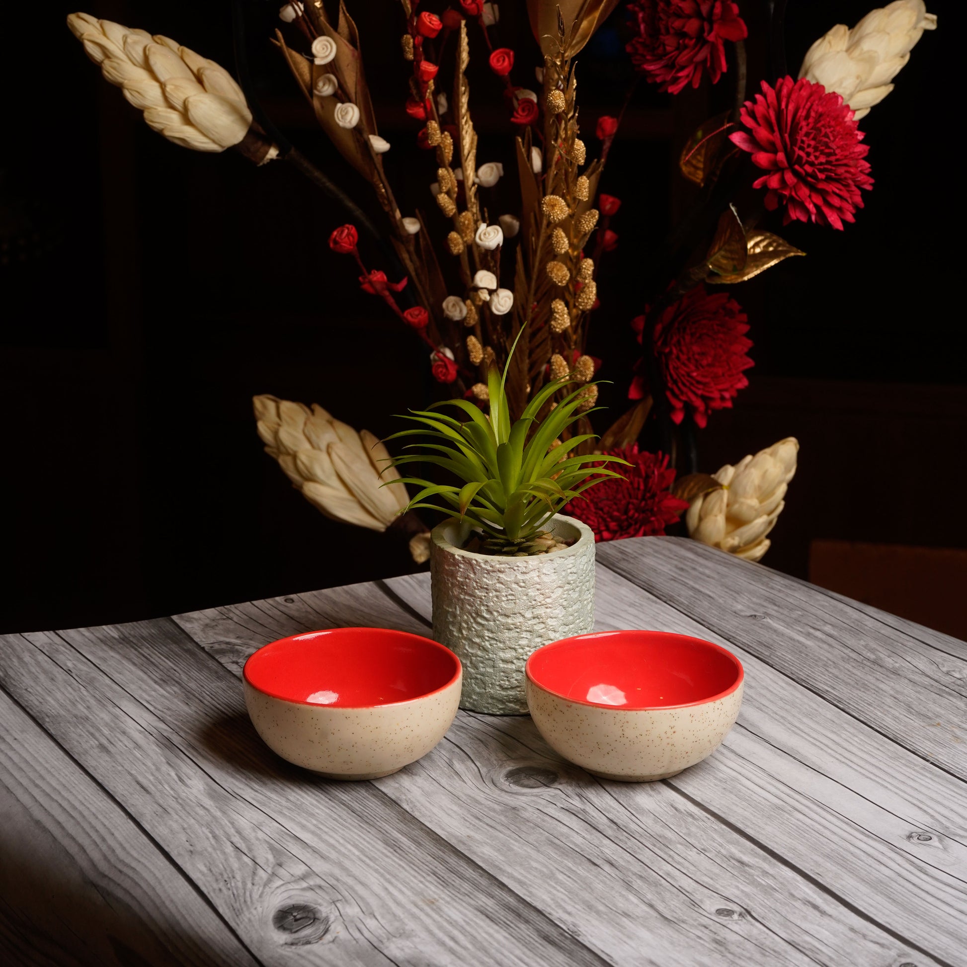 Caffeine Ceramic Handmade Cream Matte and Red Katori Bowl (Set of 2) - Caffeine Premium Stoneware