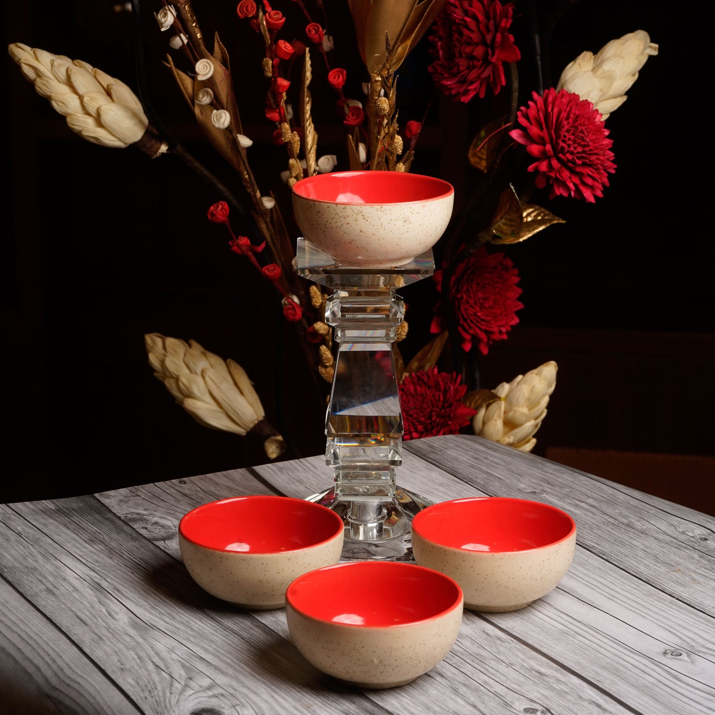 Caffeine Ceramic Handmade Cream Matte and Red Katori Bowl (Set of 4) - Caffeine Premium Stoneware