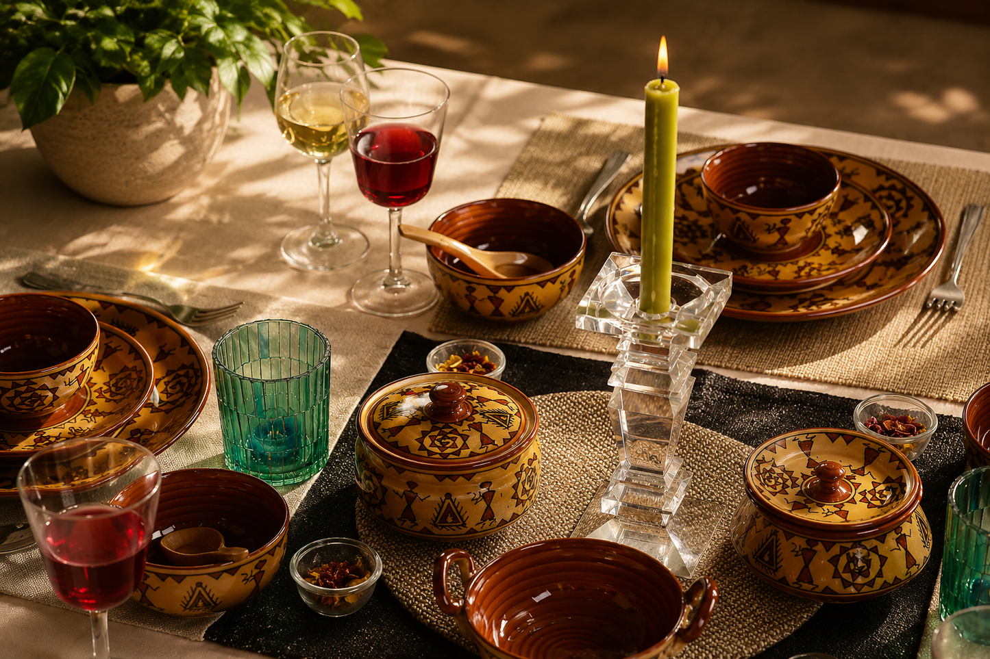 Caffeine Ceramic Handmade Mustard Romani Dinner Set (24 pcs.)