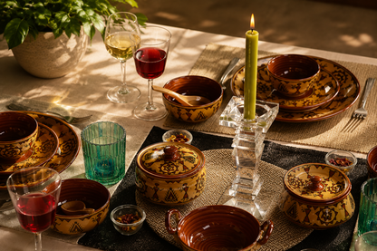 Caffeine Ceramic Handmade Mustard Romani Dinner Set (24 pcs.)