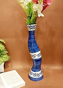 Handmade glossy blue and white printed ceramic flower vase, decorative accent for contemporary living room decor