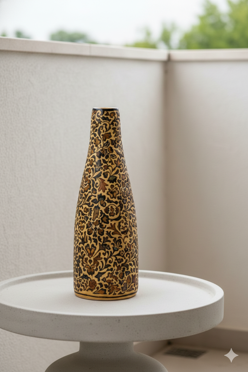 Decorative bottle with leopard print pattern on a white pedestal table.