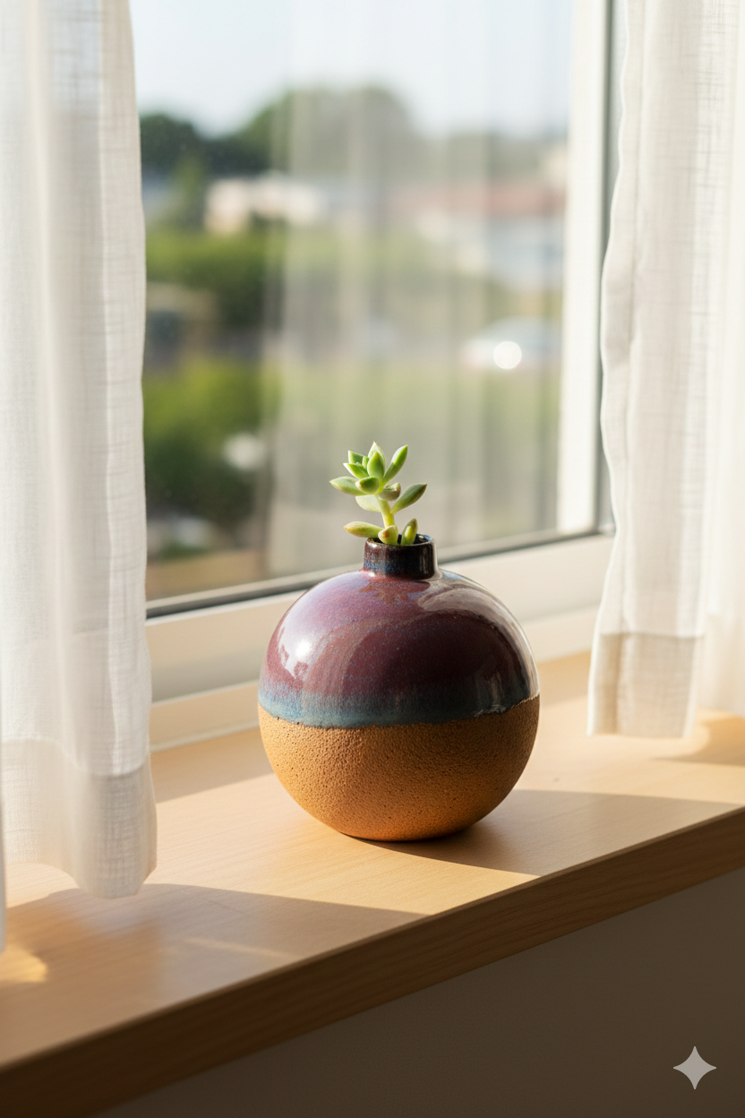 Multicolored vase with a small plant on a windowsill with a view of trees.