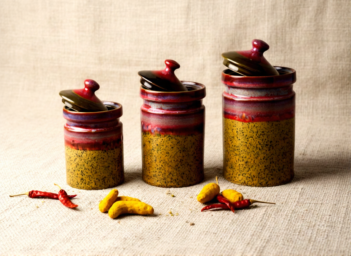 Set of three ceramic jars with colorful glazes on a textured fabric background