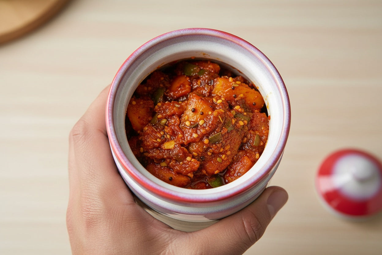 Hand holding a jar of spicy curry on a wooden surface