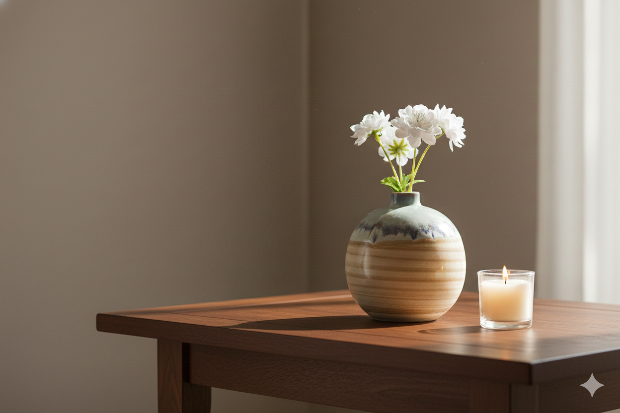 Vase with flowers and a candle on a wooden table against a plain wall