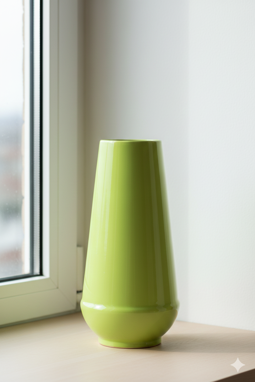 Green vase on a windowsill with a blurred background