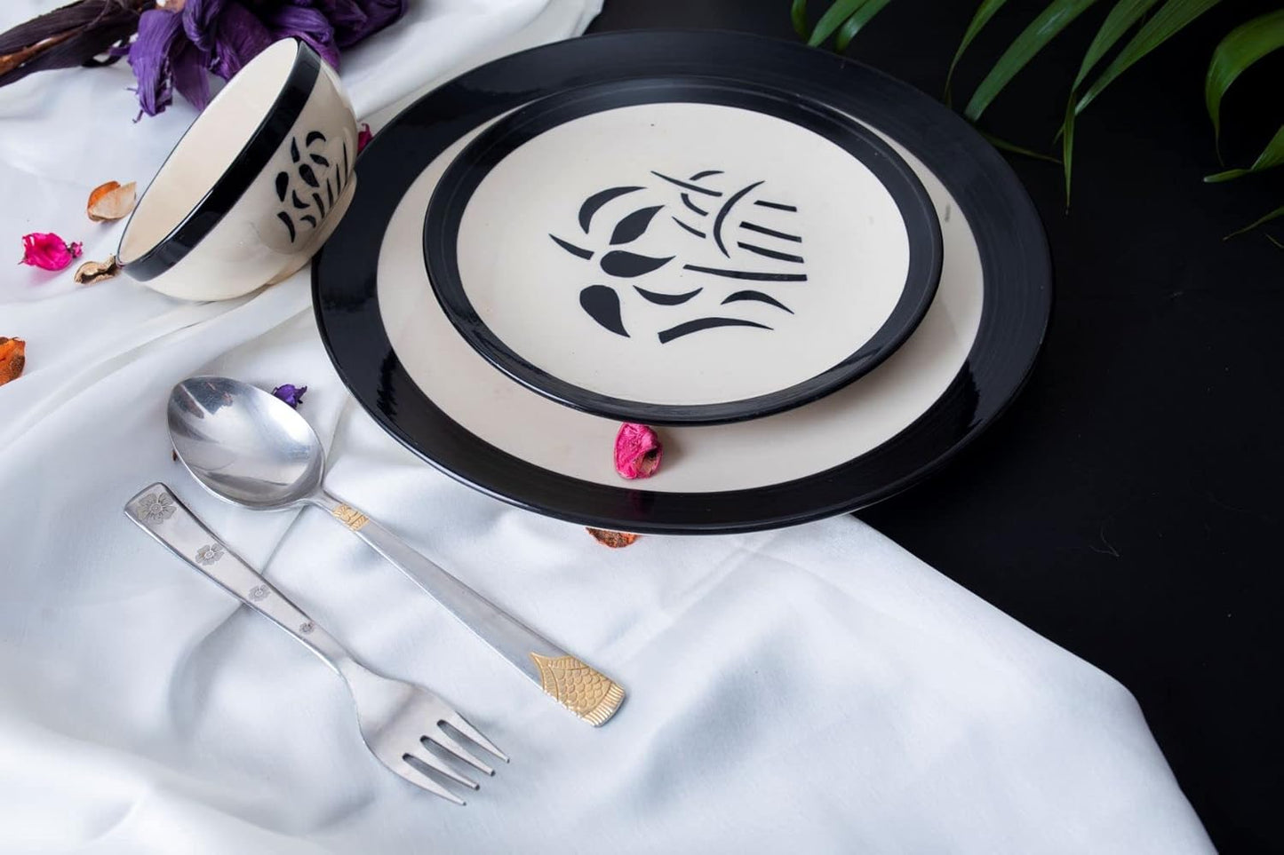 Caffeine Ceramic Handmade Black Imperial Dinner Set of 4 [ 2 Dinner Plate, 2 katori Bowl ]