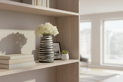 Vase with flowers on a shelf next to a window