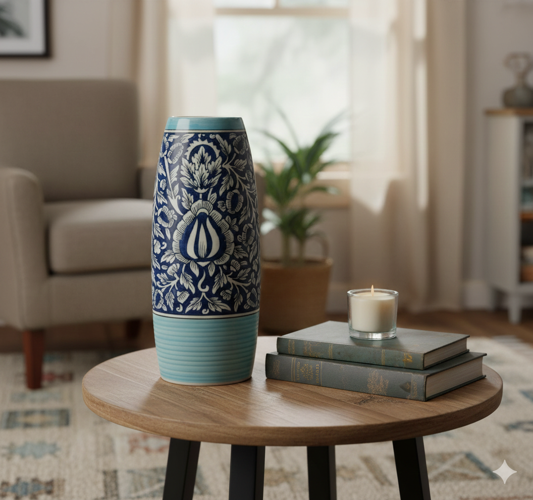 Decorative vase with blue and white patterns on a wooden table in a living room setting.