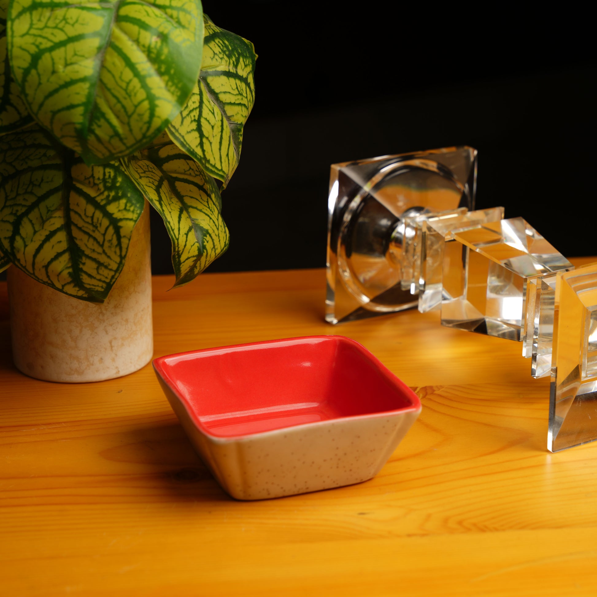 Caffeine Ceramic Handmade Matte Cream & Glossy Red Serving Bowl (Set of 4) - Caffeine Premium Stoneware