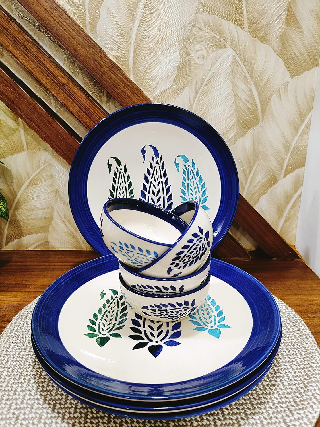 Caffeine Ceramic Stoneware Handmade Blue Boota Combo Dinner Set of 8  - Caffeine Premium Stoneware