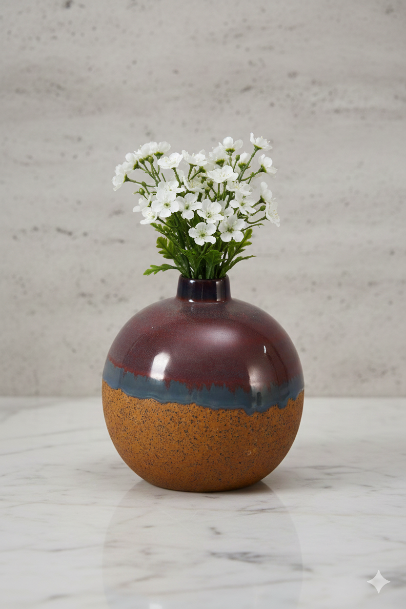 Vase with a textured brown and red design, containing white flowers on a marble surface.