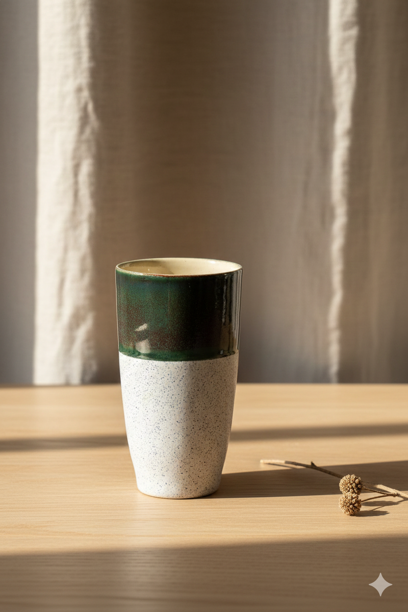 Ceramic cup with green and white design on a wooden surface with a neutral background