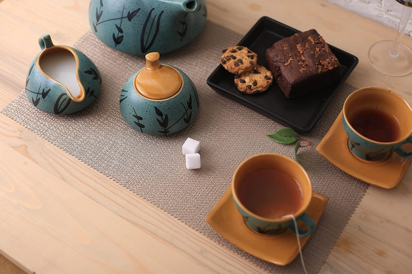 Caffeine Ceramic Handmade Stoneware Golden Turquoise Tea Set (Set of 15 pcs) - Caffeine Premium Stoneware
