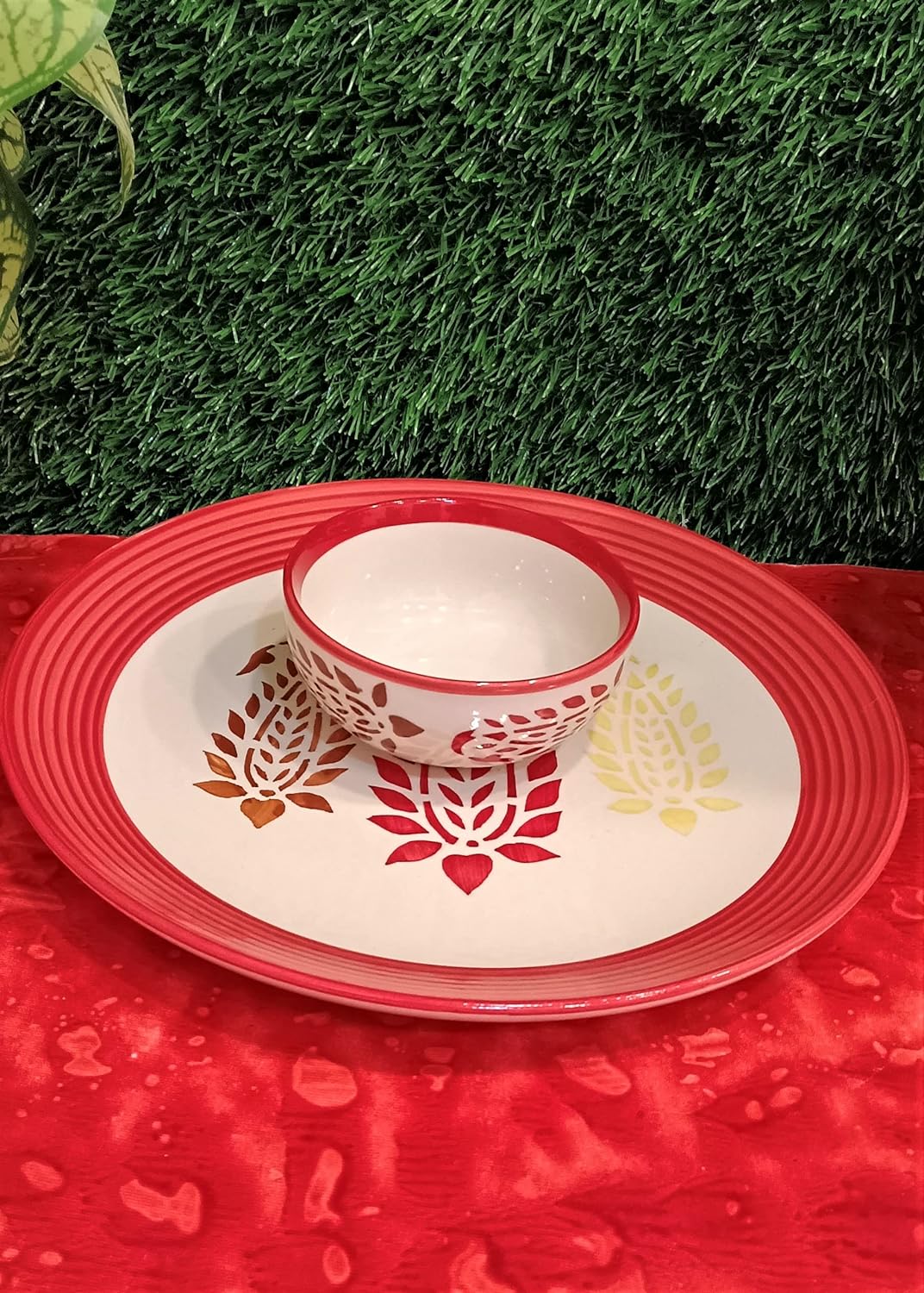 Caffeine Ceramic Handmade Red Boota Combo Dinner Set (Set of 2) - Caffeine Premium Stoneware
