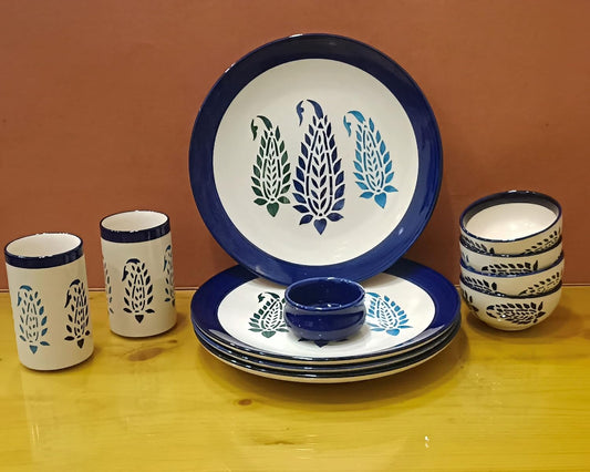 caffeine Ceramic Handmade Blue boota Dinner Set (Set of 11pcs)