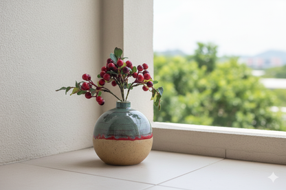 Decorative vase with red berries on a windowsill with a view of greenery outside.