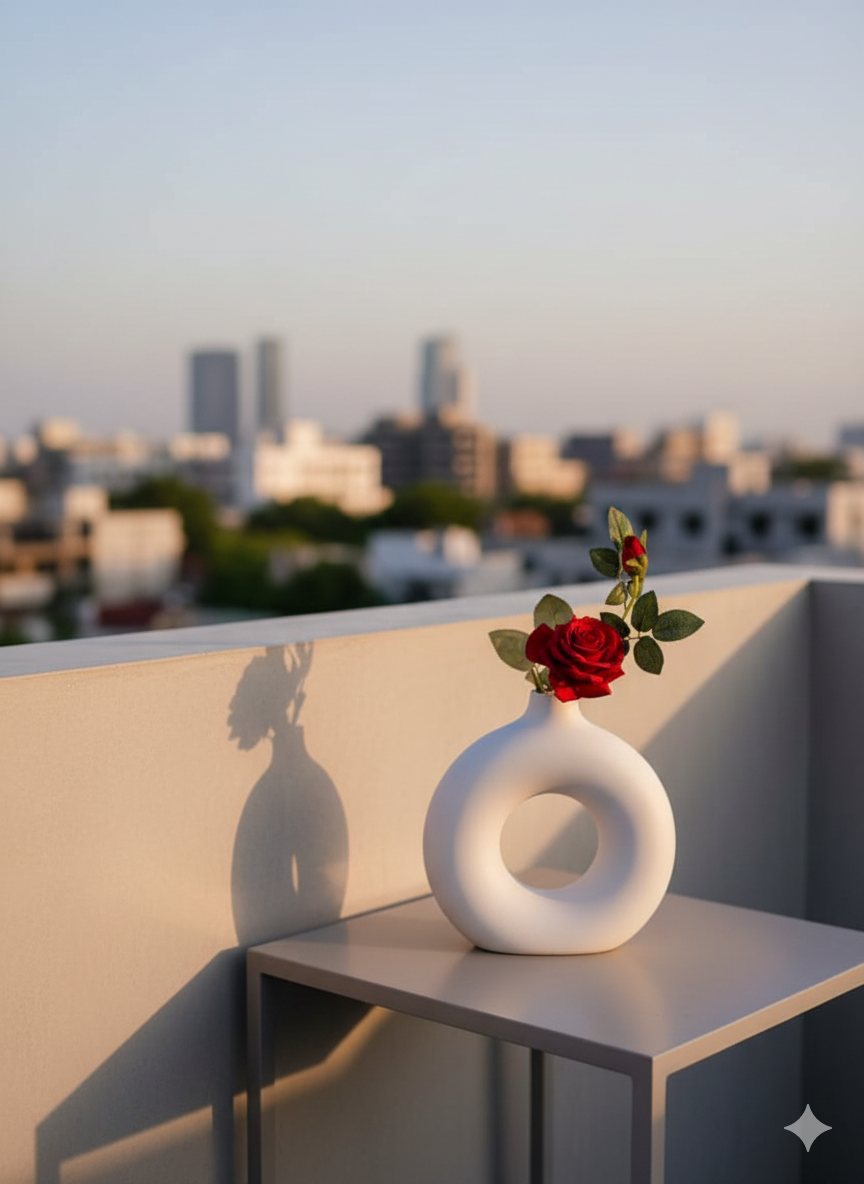 White vase with red flowers on a rooftop with city skyline in the background