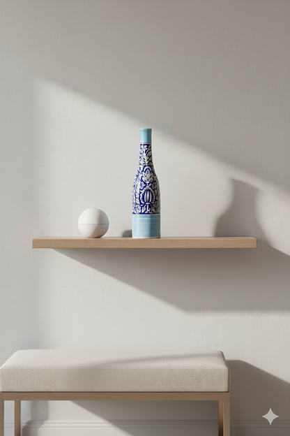 Decorative blue and white vase on a wooden shelf with a neutral background