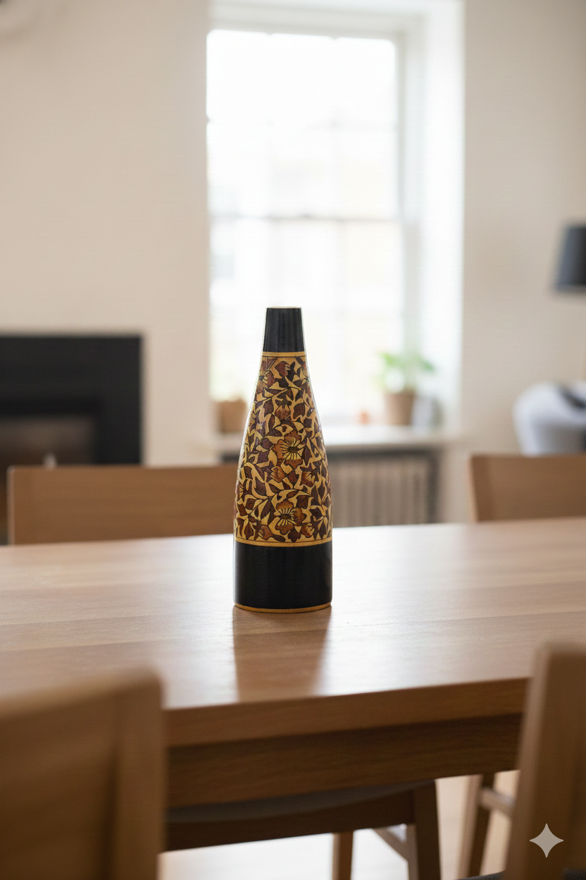 Decorative bottle on a wooden table with a blurred background