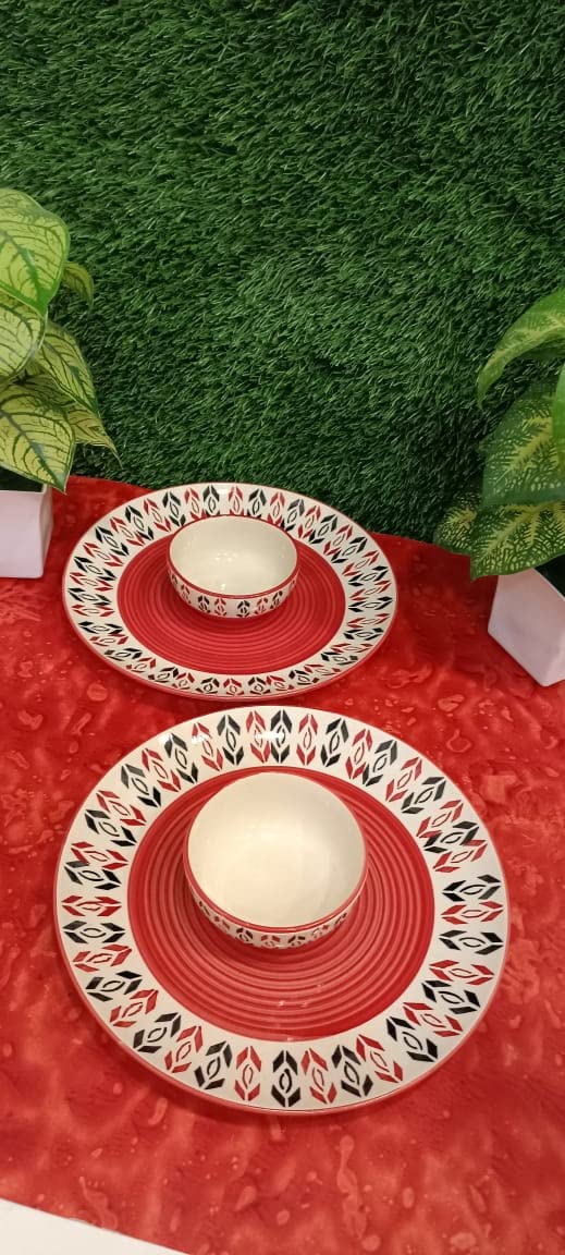 Caffeine Ceramic Handmade Orange Arrow Pattern Combo Dinner set (4 pcs)