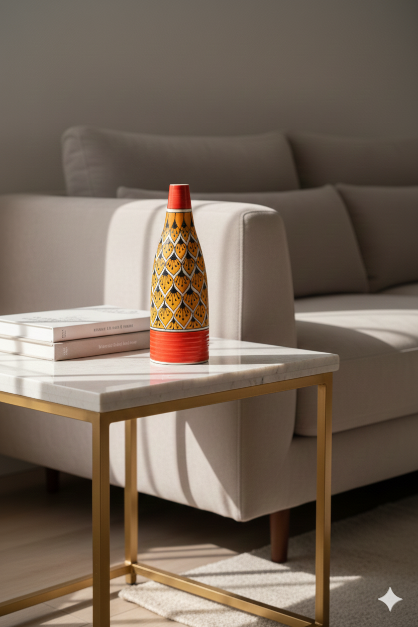 Decorative bottle on a marble table with a couch in the background
